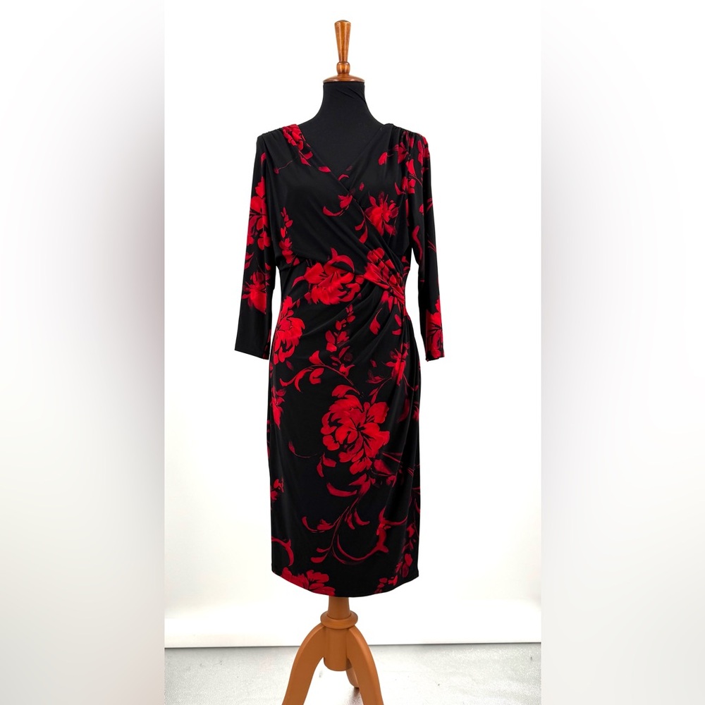 Lauren Ralph Lauren Black Red Floral Twist Waist Dress 3/4 Length Sleeve Size 14